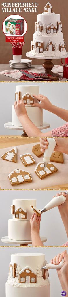 a woman is decorating a cake with white frosting and gold trimmings