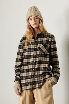 The Boyfriend Shirt in Beige/Black Plaid brings effortless coastal style to a classic silhouette. With its relaxed fit and versatile plaid pattern, it's perfect for laid-back, everyday wear. The Boyfriend, Boyfriend Shirt, Coastal Style, Classic Silhouette, Denim Outfit, Black Plaid, Plaid Pattern, Clothes For Sale, Everyday Wear