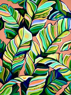 a painting of green leaves on a pink background with blue, yellow and orange colors