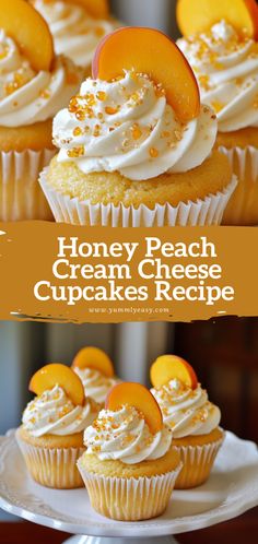 honey peach cream cheese cupcakes recipe on a white plate with the title overlay