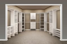 an empty walk - in closet with shelves and drawers on each side, is shown