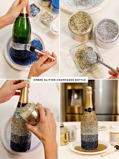 the process of making glitter champagne bottles is shown in three different pictures, including one being poured into a bottle