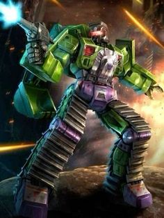 a green and purple robot standing on top of a rock in front of a galaxy background