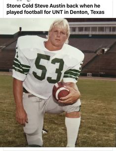 an old photo of a man holding a football in front of a stadium with the caption stone cold steve austin back when he played football for utn