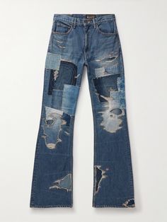 Each iteration of KAPTIAL's patchwork jeans is as cool as the last. Made in Japan from 14oz. denim, this flared 'Crazy Dixie' pair is designed to look like a pair you've lovingly repaired over the years. Wear yours with any of the label's knitwear. Small to size. See Size & Fit notes. Crazy Jeans, Kapital Denim, Patchwork Denim Jeans, Denim Art, Denim Projects, Custom Jeans, Baggy Clothes, Street Fashion Men Streetwear, Patchwork Jeans