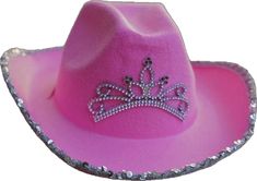 Pink Cowgirl Hat With Tiara - It Lights Up! - Cowgirl Clutch Pink Western Style Cap, Western Style Pink Cap, Pink Western Cap Hat, Pink Brimmed Hats For Country Events, Pink Felt Hat With Curved Brim For Party, Pink Felt Hat With Curved Brim For Country Events, Pink Curved Brim Felt Hat For Country Events, Pink Adjustable Costume Hat, Pink Wide Brim Hat As A Gift