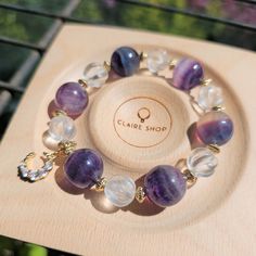 【 Round Bead Size 】 B1461- Unicorn fluorite approx. 13mm / clear crystal approx. 10mm  B1462- Unicorn fluorite approx. 13mm / clear crystal approx. 10mm 【 Wrist Size 】fit for 15.5cm/6in 【 note 】 Natural must be flawed ~Flawless is not natural Unicorn fluorite is all natural There might be small natural pores maybe tiny cracks and crystal lines on the beads Perfectionists are not recommended to purchase Unicorn fluorite's beautiful stone pattern is layered, very dreamy,  helps the head to stay aw Purple Crystal Bracelets, Crystal Bracelets Diy, Clear Crystal Bracelet, Fluorite Bracelet, Bracelets Diy, Beads Bracelets, Mala Bracelet, Stone Pattern, Crystal Bracelet