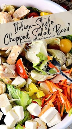 Looking overhead at a Italian-style chopped salad bowl with a fork ready to eat. Mediterranean Foods, Wish Bone, Chicken Chopped Salad, Chicken Dishes Easy, Salads Recipes, Thai Salads, Fresh Salad Recipes, Vegetarian Pasta, Italian Chicken