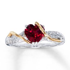 This romantic ring for her showcases a heart-shaped lab-created ruby embraced in swirls of 14K yellow gold. A duet of round diamonds set in sterling silver lend brilliant contrast to complete the look. Red Birthstone Promise Ring With Diamond Accents, 2024 Wishlist, How To Wear Rings, Ring Inspo, Rose Gold Morganite, Flower Engagement Ring, Ruby Engagement Ring, Rose Engagement Ring, Rose Gold Engagement