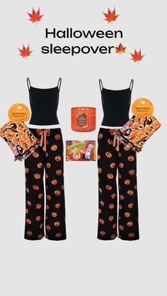 two pajamas with pumpkins on them and the words halloween sleepover