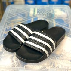 Adidas Adilette Slide In Black New In Box 280647 Women Should Add 1 Or 2 For Their Size. No Half Sizes. Adidas Non-slip Black Slides, Adidas Black Non-slip Slides, Adidas Black Sporty Slides, Sporty Black Adidas Slides, Adidas Black Slip-on Slides, Adidas Adilette, Shoes Adidas, Slide In, Box Color