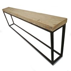 a wooden bench sitting on top of a metal frame stand with wood planks and iron legs