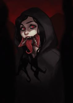 an evil woman with her tongue out and blood dripping all over her face in the dark