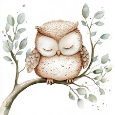 an owl with its eyes closed sitting on a branch