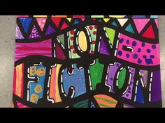 a painting with the words non fiction written in colorful letters and shapes, on a white background