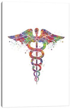 a medical symbol painted in watercolor on white background canvas print featuring the cadus