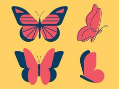 four different colored butterflies on a yellow background