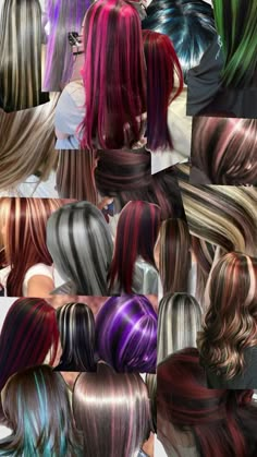 Cool Fun Hair Colors, Skunk Hairlights, Early 2000s Hair Dye, Colorful Skunk Stripe Hair, Zebra Hair Dye, Black Hair W Red Underneath, Emo Dyed Hair Ideas, K Pop Hair Dye Ideas, Hair Color Ideas Skunk Stripe