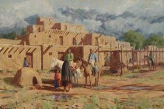 a painting of people and horses in front of an adobe - style building