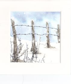 a painting of a fence in the snow