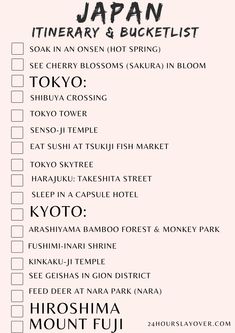 the japan itinerary and bucket list is shown in black on a pink background