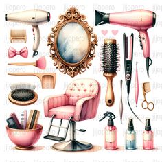 a bunch of different items that are on a white background, including hairdryers and combs