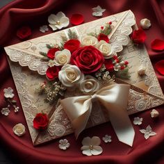 red and white flowers are on top of a greeting card with lace, ribbon and bows