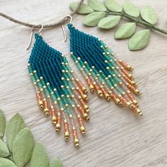 Petite Teal & Peach Color Block Gradient Bead Fringe Earrings - Etsy Bead Fringe Earrings, Native Beading, Native Beading Patterns, Ombre Earrings, Bead Fringe, Beaded Fringe, Peach Color, Seed Bead Earrings, Fringe Earrings