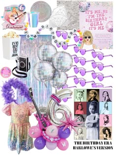 an assortment of items including balloons, hair clips and sunglasses