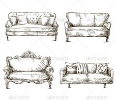 hand drawn couches and loveseats royalty illustration