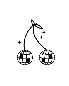 a black and white drawing of two cherries hanging from a branch with stars on it