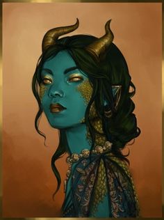 a painting of a woman with horns on her head and blue skin, wearing gold jewelry