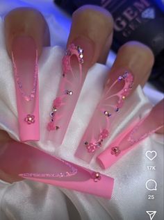 Xl Long Acrylic Nails Coffin, Pink Long Acrylic Nails Art Designs, Pink Boujee Nails, Extra Pink Nails, Xxl Stiletto Nails, Pink Blinged Out Nails, Pink Extra Nails, Pink Baddie Nails, Pink Bling Nails