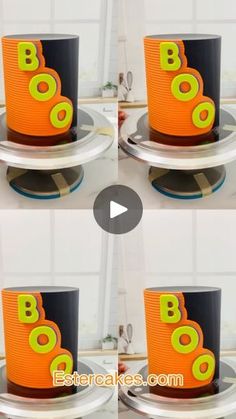 four pictures of an orange and black top hat on a plate with the words boo