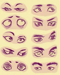 various types of eyes drawn in purple ink