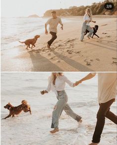 two people running on the beach with their dogs and one person holding hands while another holds his dog's hand