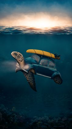 a painting of a turtle with a surfboard on its back swimming in the ocean