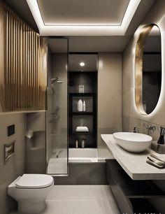 a bathroom with a toilet, sink and mirror in it's centerpieces