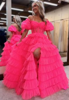 Fancy Church Outfits, Cute Prom Dresses Long, Prom Dress With Corset, Neon Pink Dress, Hot Pink Prom Dress, Tulle Long Dress, Tulle Long Prom Dress, Prom Dress Pictures, Cute Formal Dresses