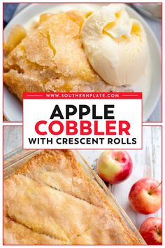 an apple cobbler with crescent rolls and ice cream on the side is featured in this collage