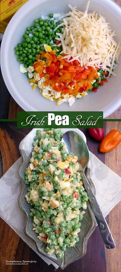 two pictures of peas, pasta and cheese in a white bowl on top of a wooden table