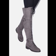 Grey Knee High Boots Casual Knee-high Synthetic Boots, Over The Knee Grey Boots, Gray Knee-high Winter Boots, Grey Knee High Boots, Medium Width Knee-high Synthetic Boots, Synthetic Knee-high Boots With Reinforced Heel And Medium Width, Just Fab Shoes, Grey Boots, High Boots