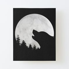 a black and white photo of a wolf in front of a full moon with trees