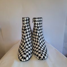 Betsey Johnson Houndstooth Booties With Sequin Heel White Fabric High Heels, White Casual Fabric Heels, Casual White Fabric Heels, Sequin Heels, Brown Suede Heels, White Booties, Western Ankle Boots, Betsey Johnson Shoes, Block Heel Ankle Boots