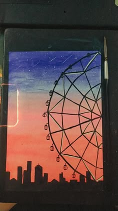 a painting of a ferris wheel in front of a cityscape at sunset or dawn