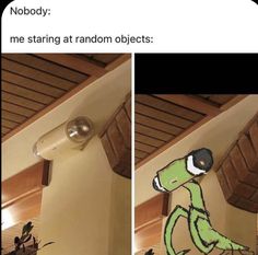 two pictures of a cartoon character on the ceiling, one with headphones and another with an object in its mouth