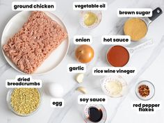 an image of ingredients needed to make meatloaf on a white countertop with text overlay