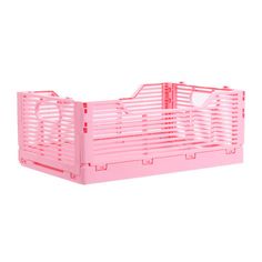 a pink plastic crate is shown on a white background