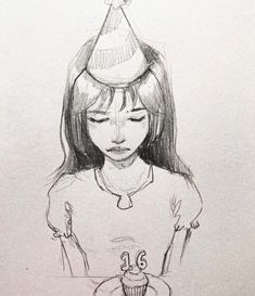 a drawing of a girl wearing a birthday hat with a cupcake in front of her