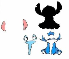 the silhouettes of various cartoon characters are shown in black and white, with blue and pink shapes